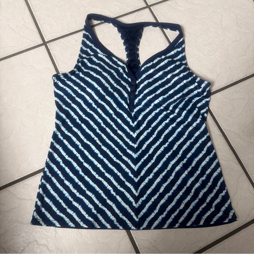 Beach House Tankini Top Size 12 Blacl Blue and white Racerback Stripes Tassel